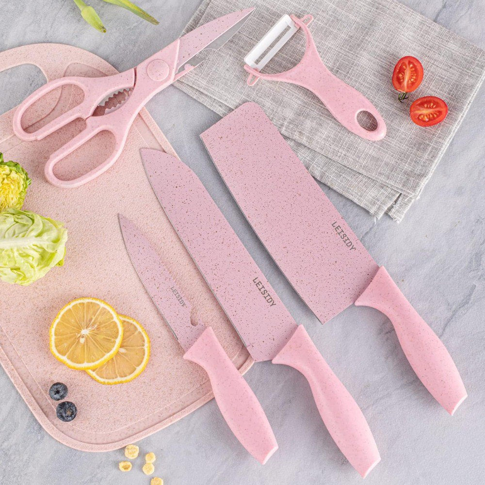 Set X7 Utensilios Cuchillos Cocina Rosa