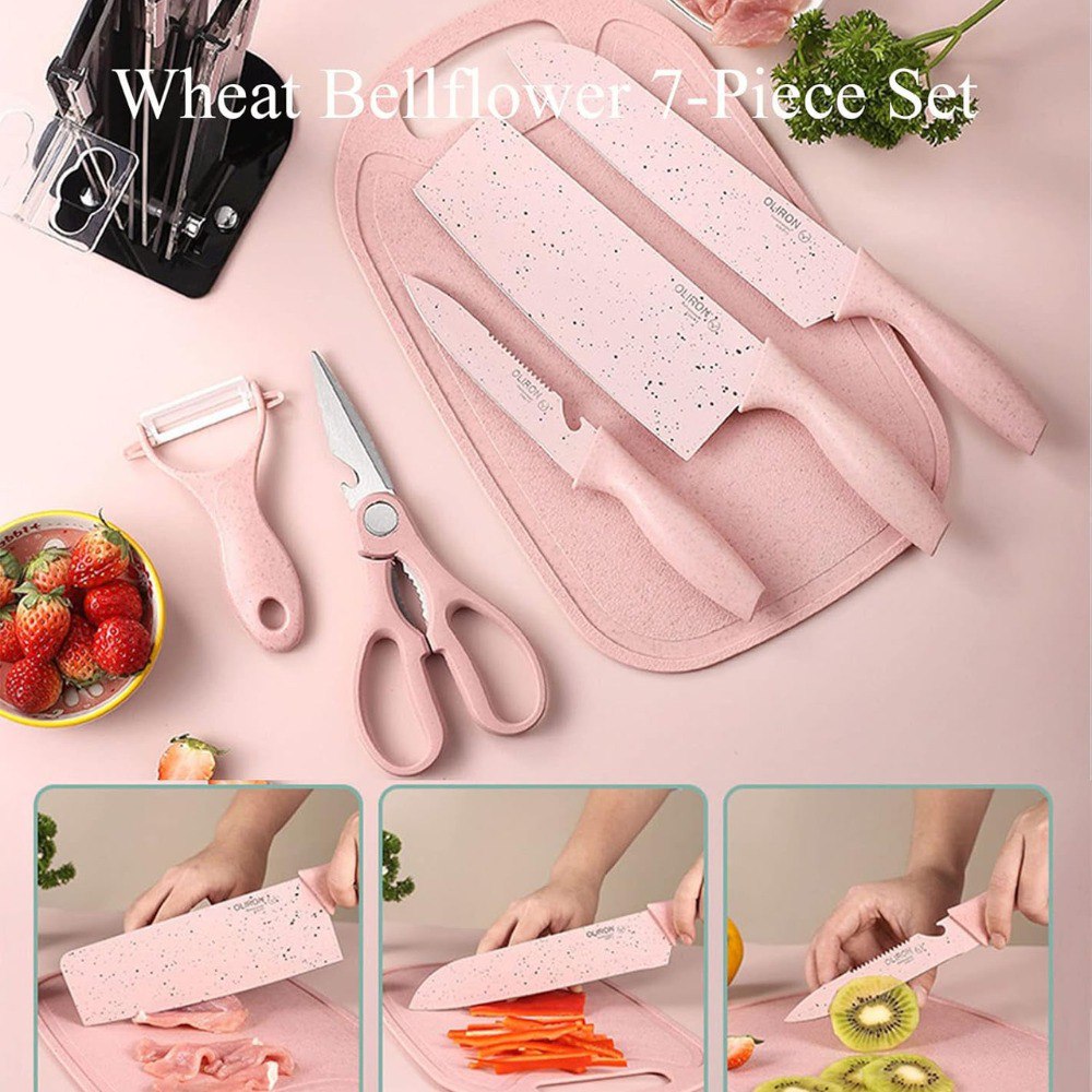 Set X7 Utensilios Cuchillos Cocina Rosa